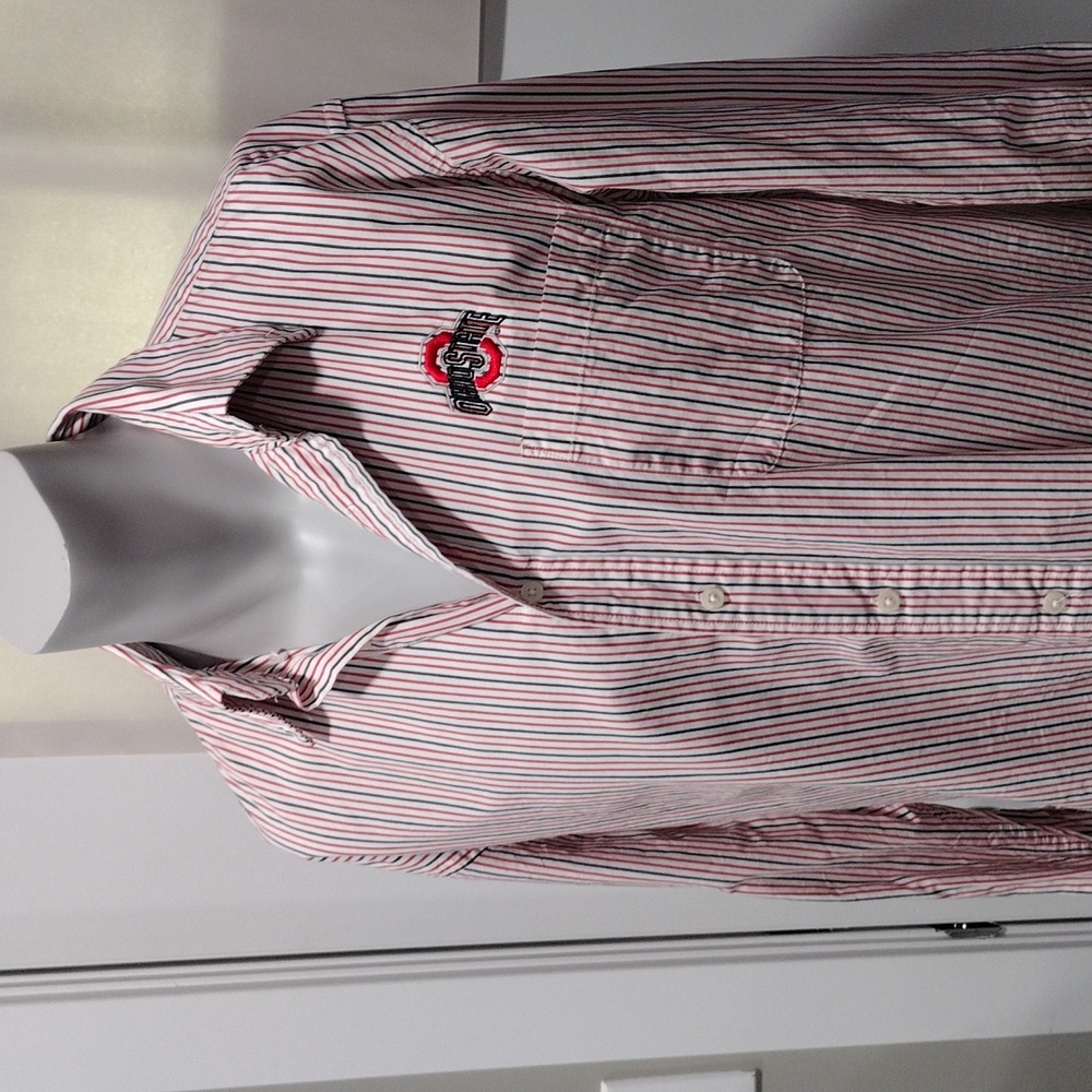 Buckeye Collection mens Ohio State red and black striped cotton shirt. Large